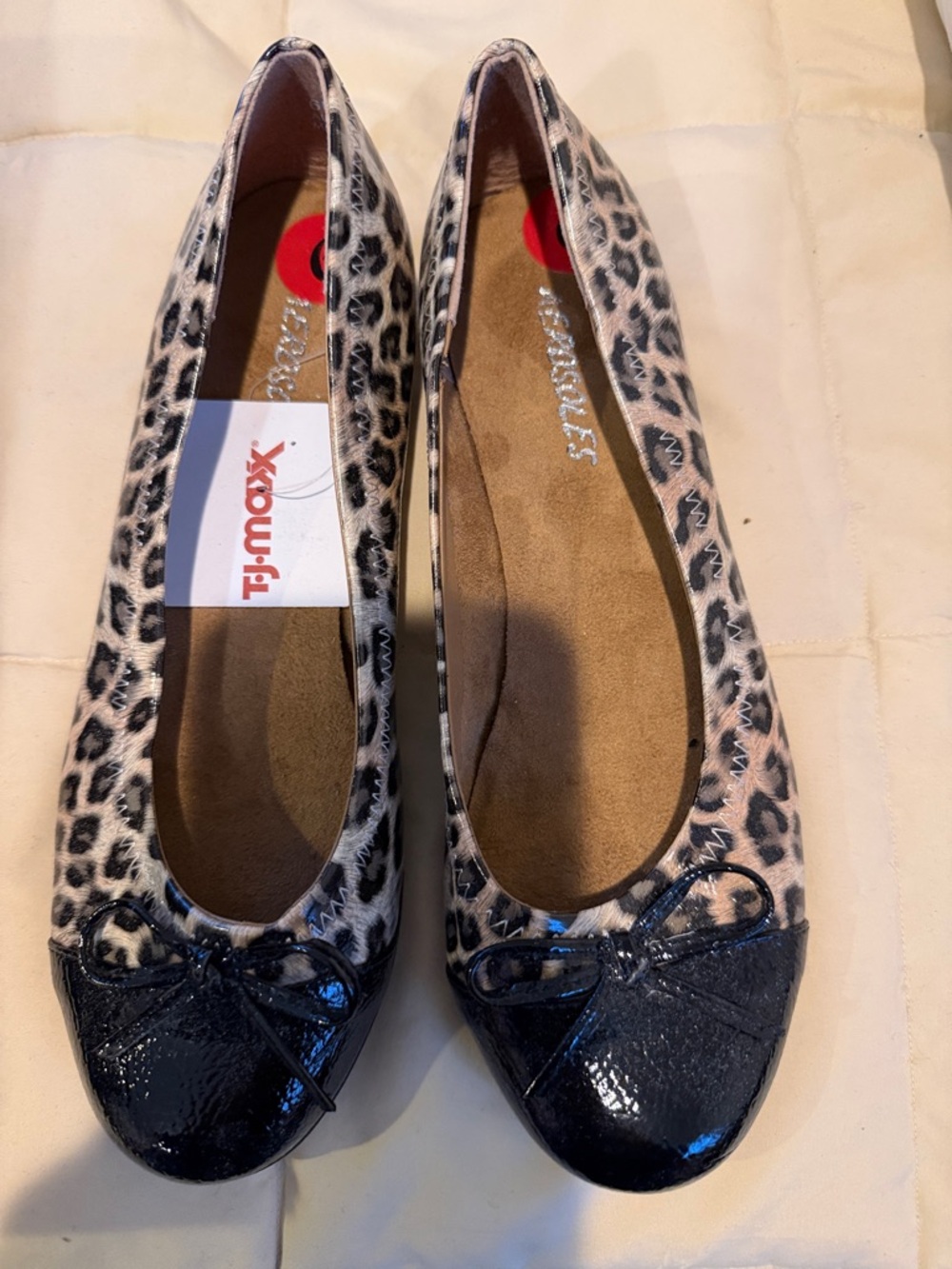 AEROSOLES Leopard Print Flats with Black Patent Toe